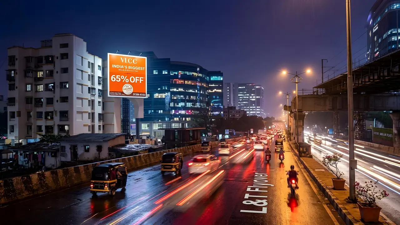 Digital billboard on a high-traffic Powai flyover at night